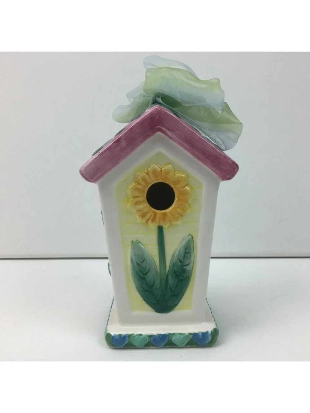 Ceramic Birdhouse Indoor Decor Sunflower Birds Flowers Hearts Ribbon Hanger